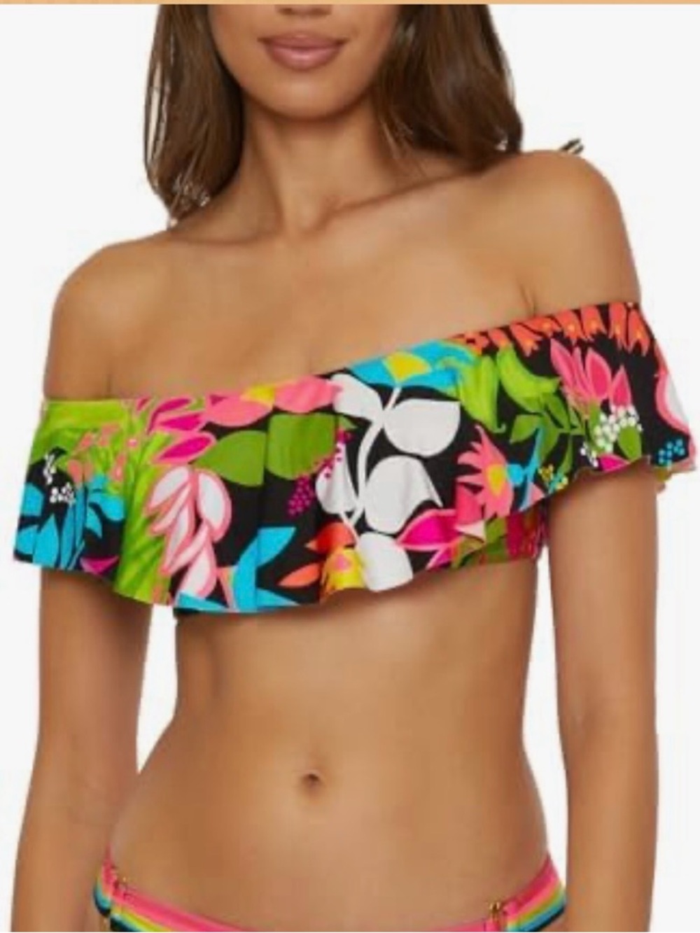 Trina Turk Tropical Off-Shoulder Ruffle Bikini Top - Black Multicolor size 4